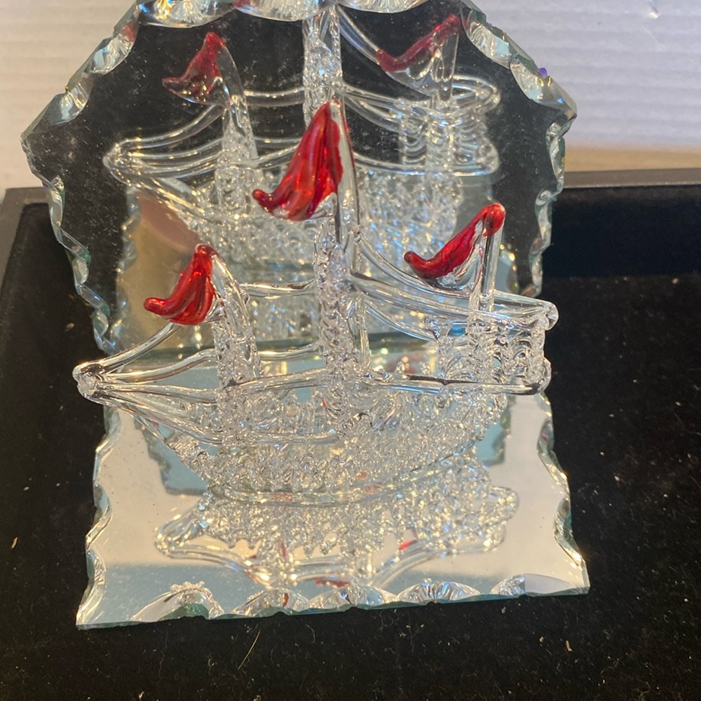 NIB Spun Glass Pirate Ship with Scalloped Mirror Base